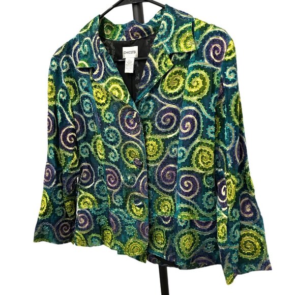 Chicos Metallic Embroidered Jacket Multicolor Spiral Design Sz Medium - Picture 3 of 10